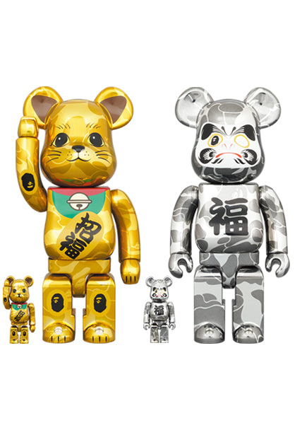 Medicom Toy Bearbrick BAPE(R) Gold Plated Manekineko and Silver Plated Daruma 100% &amp; 400% (4PCS SET)